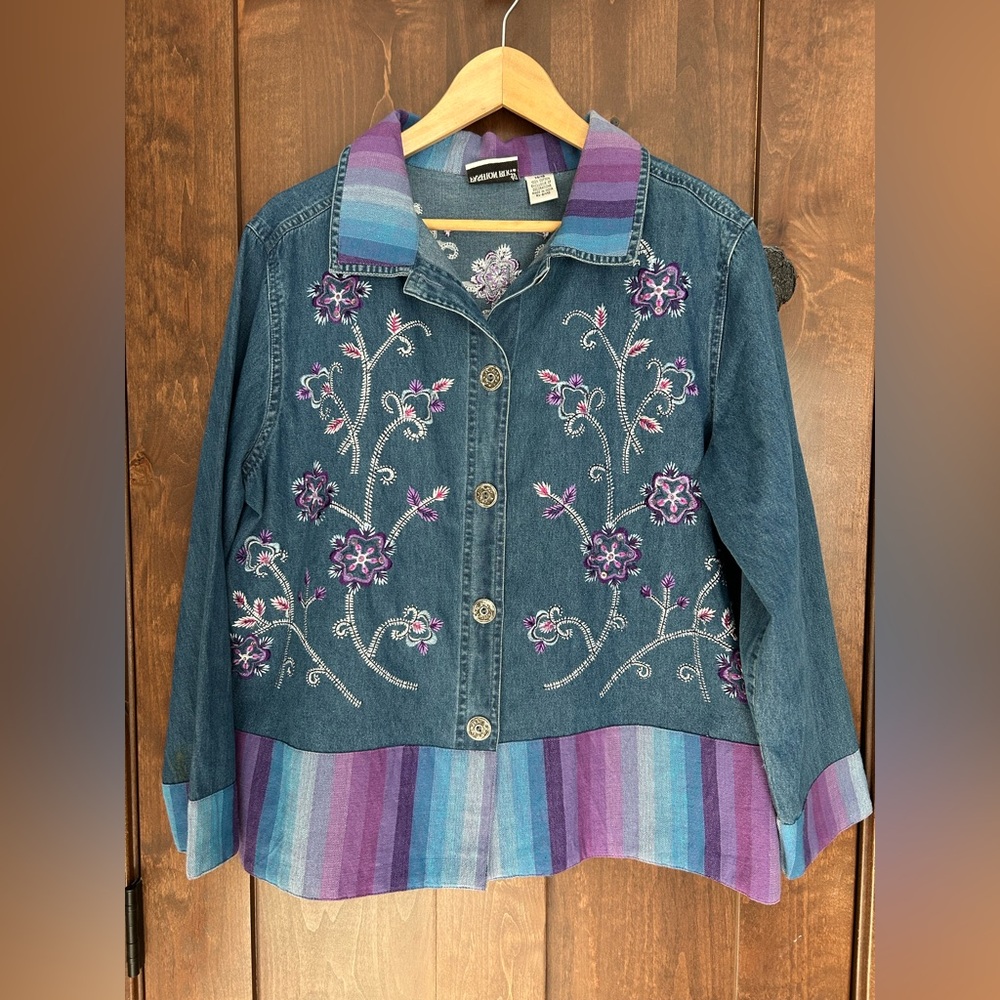 Vintage 90's Fashion Bug Blue and Purple Denim Jacket with Floral Embroidery